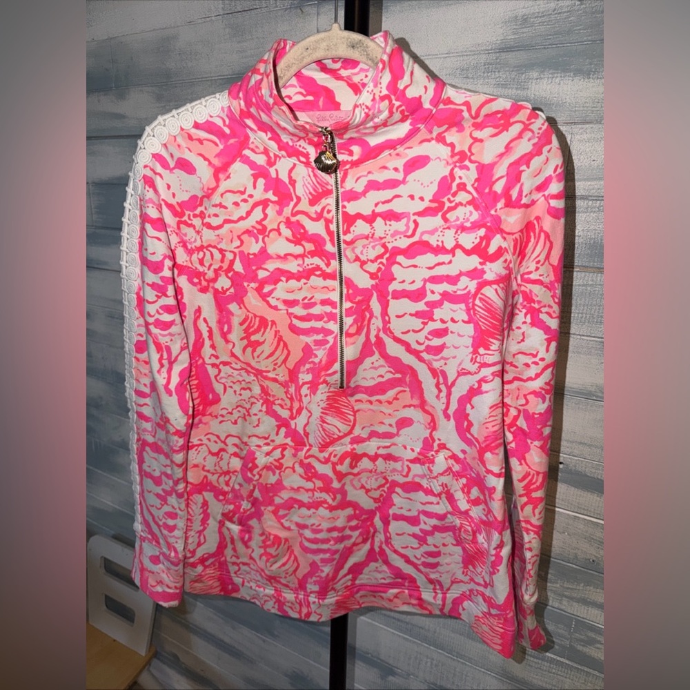 Lilly Pulitzer XS Pink Shell Print Half Zip Popover Pullover Lace Sleeve